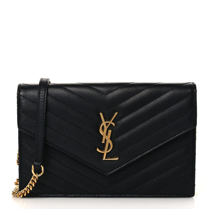 Saint Laurent Grain De Poudre Matelasse Chevron Monogram Envelope Chain Wallet Black 1 of 8