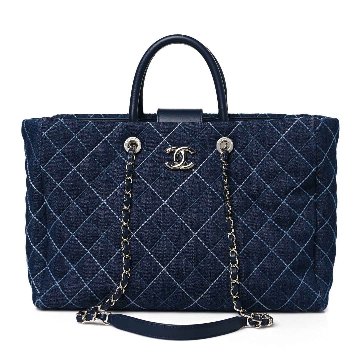 Denim Quilted Medium Coco Handle Shopping Tote Blue
