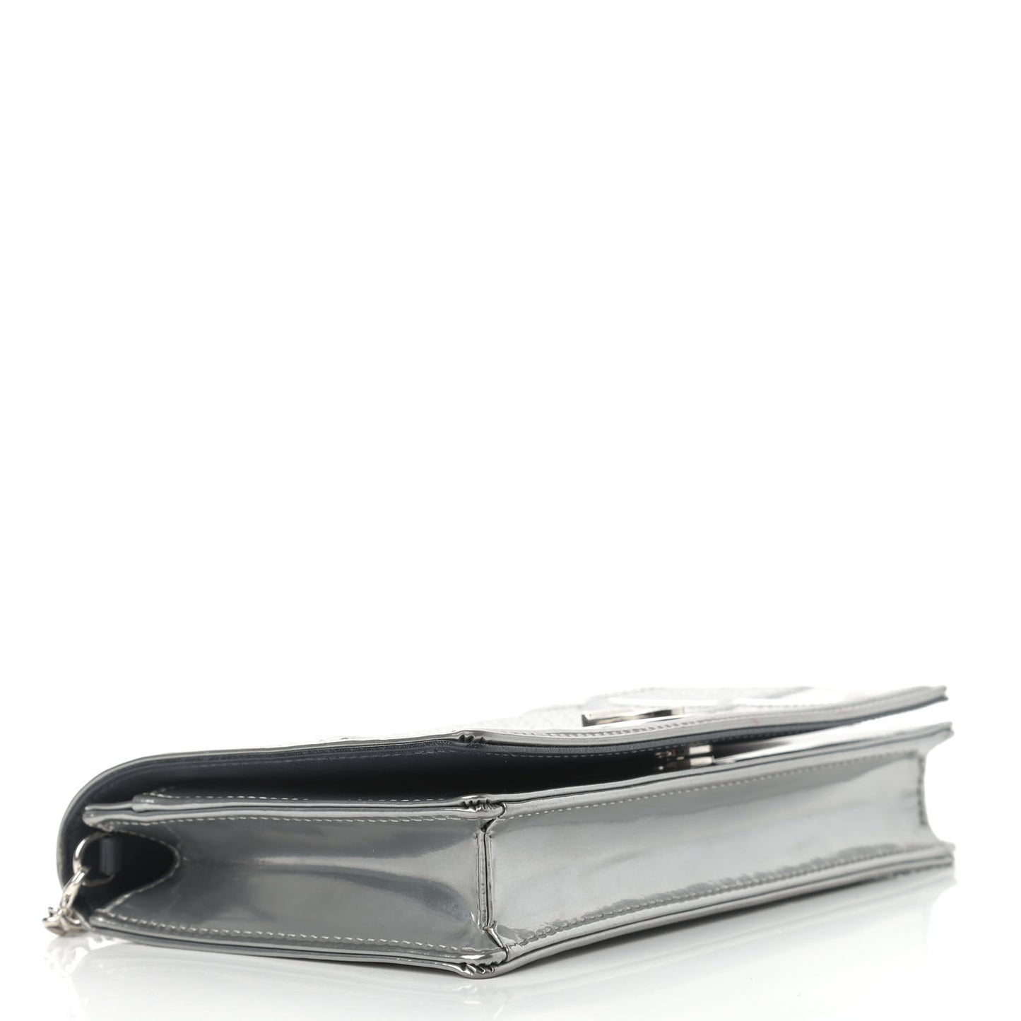 Metallic Patent Micro-Cannage Diorama Wallet on Chain Pouch Silver