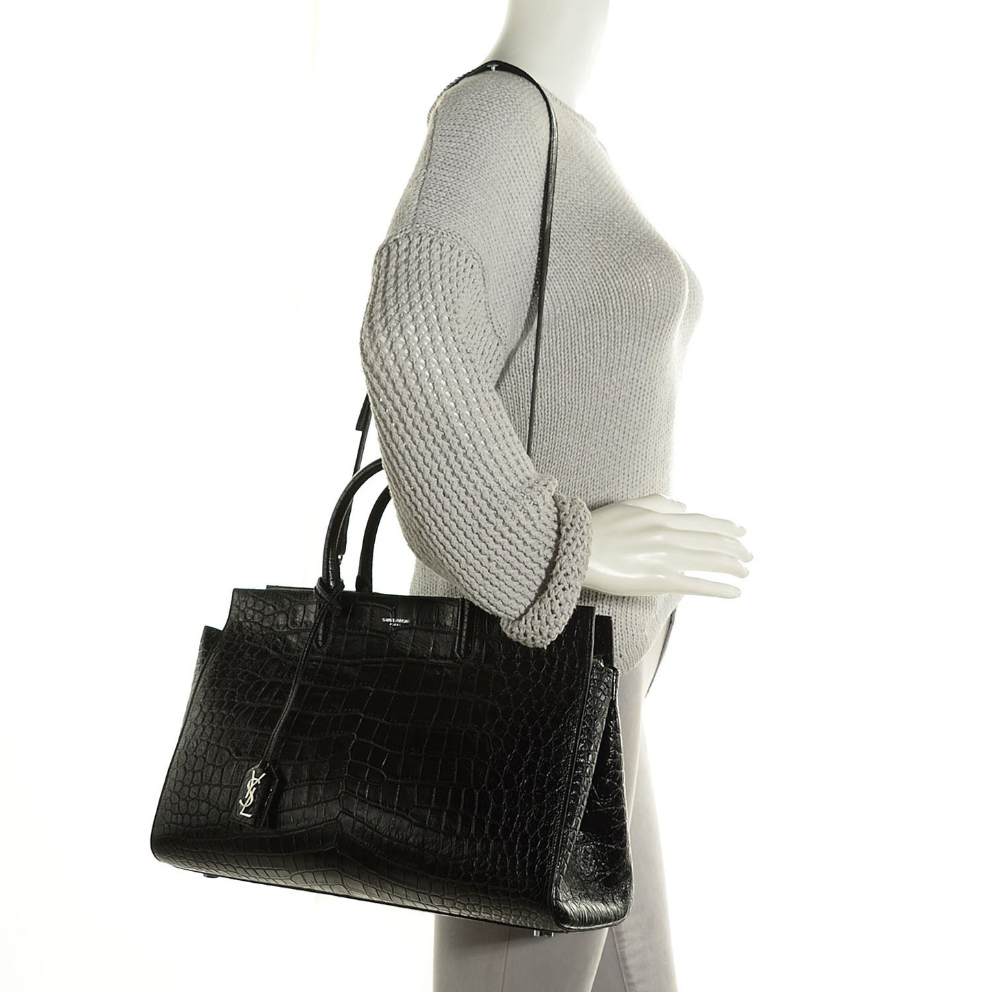 Crocodile Embossed Medium Cabas Rive Gauche Black