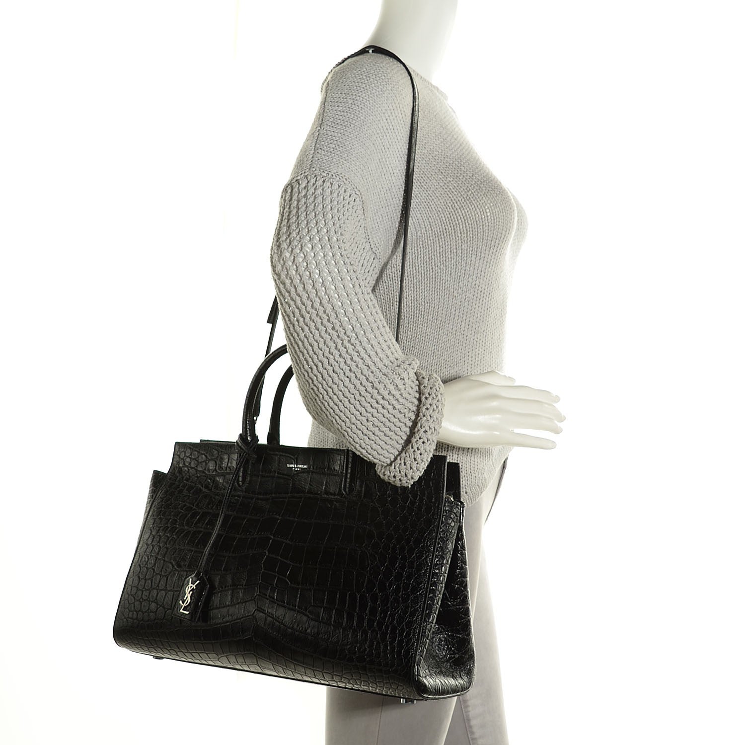 Saint Laurent Crocodile Embossed Medium Cabas Rive Gauche Black 2 of 10