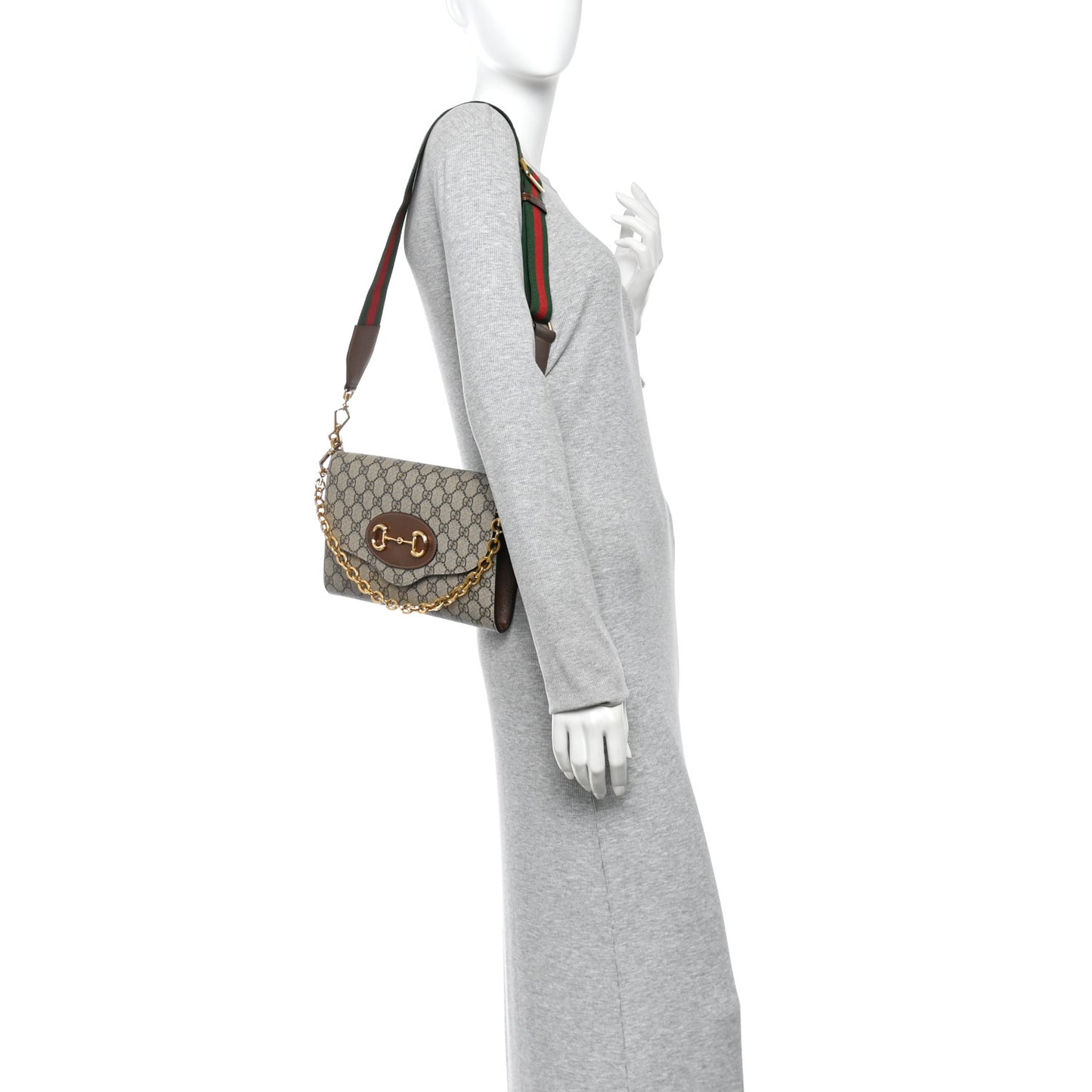 GG Supreme Monogram Azalea Calfskin Web Small Horsebit 1955 Crossbody Bag Beige Ebony Brown Sugar