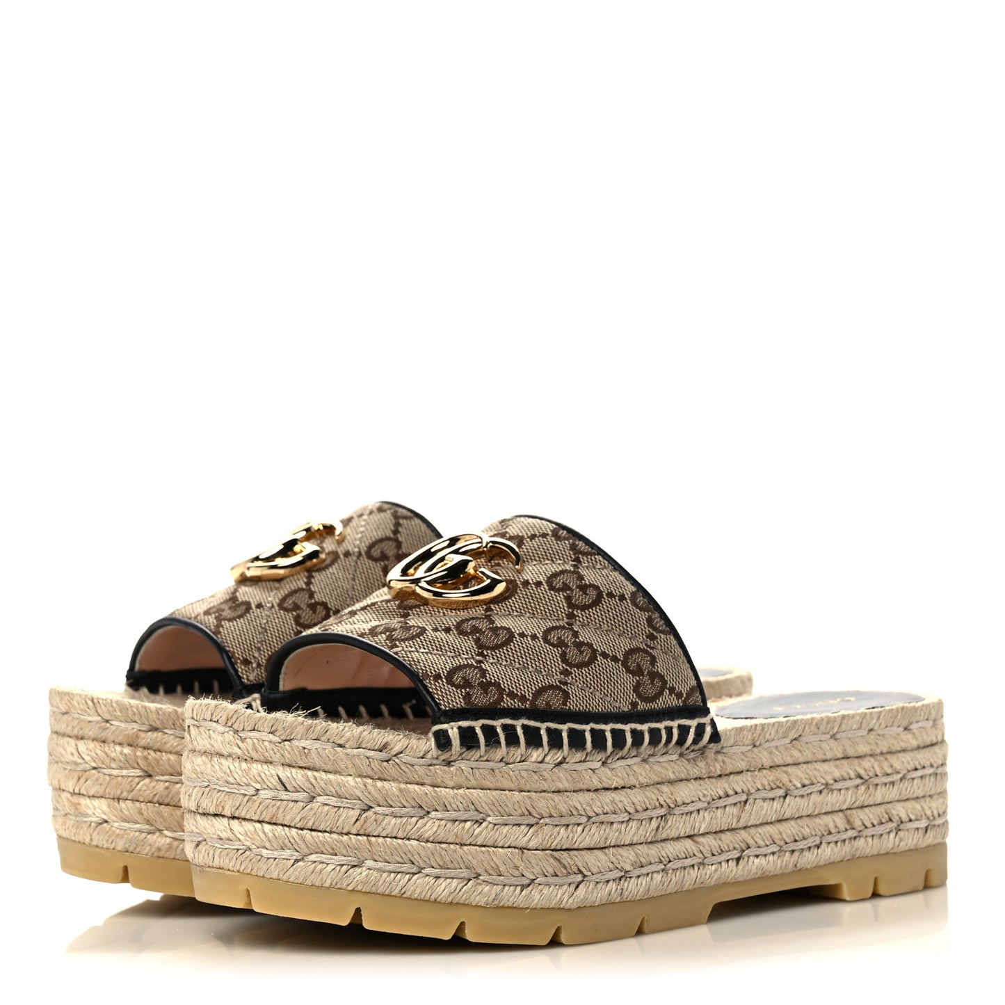 Monogram Matelasse Diagonal GG Marmont Platform Espadrille Slide Sandals 35.5 Beige Ebony Black