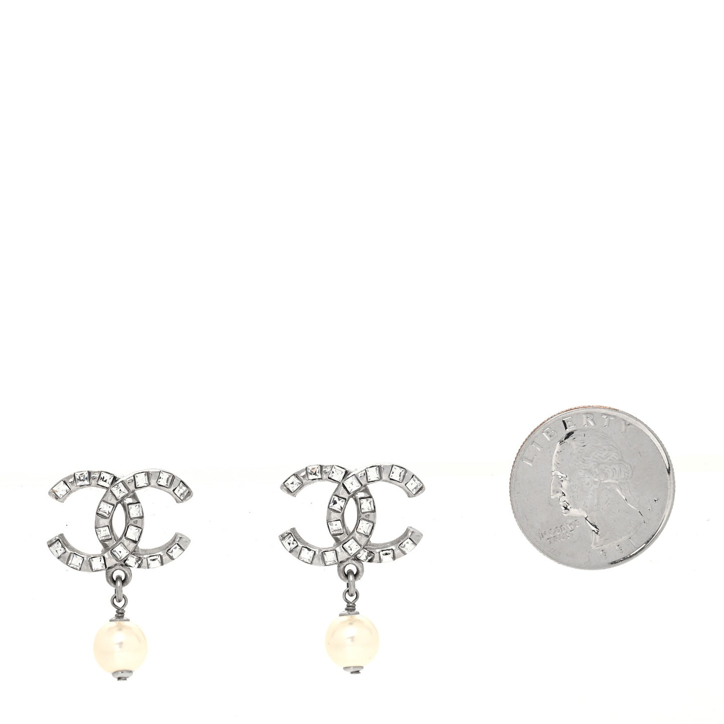 Crystal Baguette Pearl CC Drop Earrings Silver