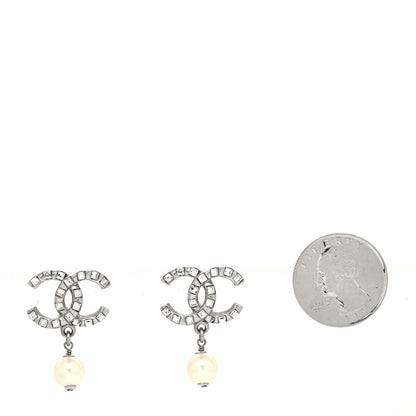 Chanel Crystal Baguette Pearl CC Drop Earrings Silver 2 of 4