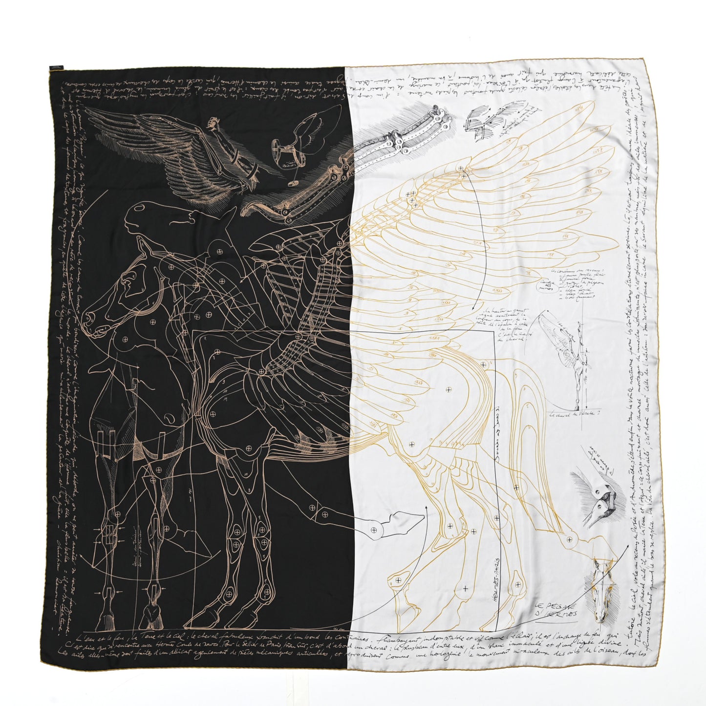 Silk Le Pegase d'Hermes Cut Wash 140 Scarf Black White Or