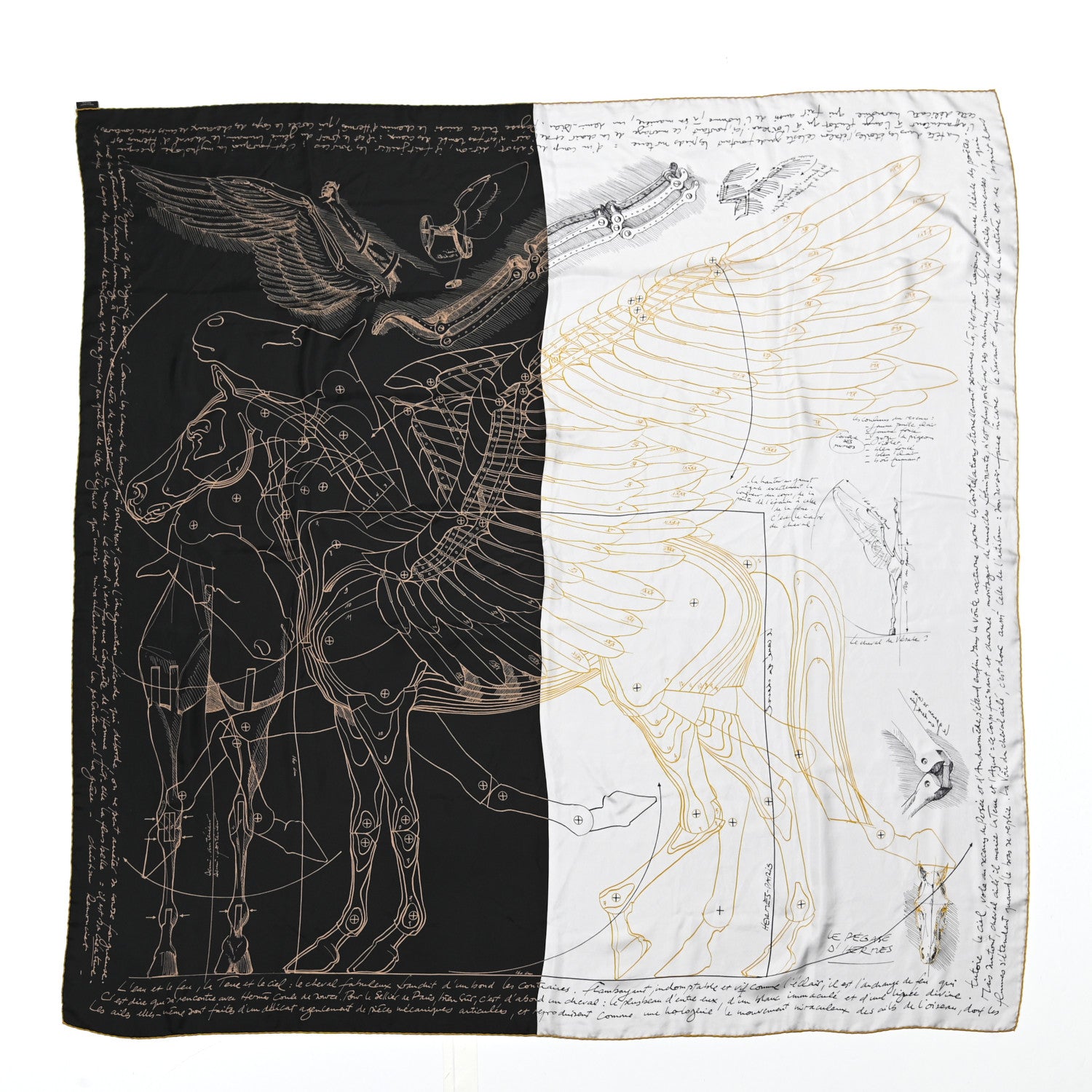 Hermes Silk Le Pegase d'Hermes Cut Wash 140 Scarf Black White Or 1 of 4