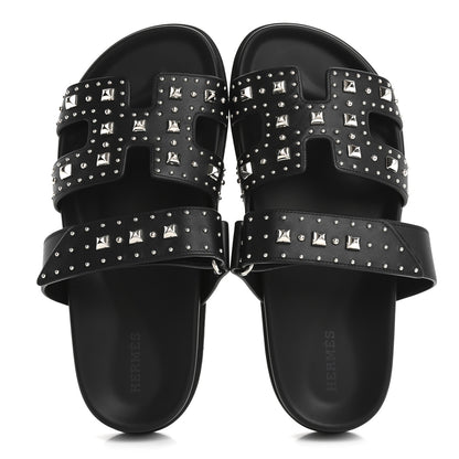 Hermes Calfskin Medor Studded Womens Chypre Sandals 37.5 Black 2 of 9