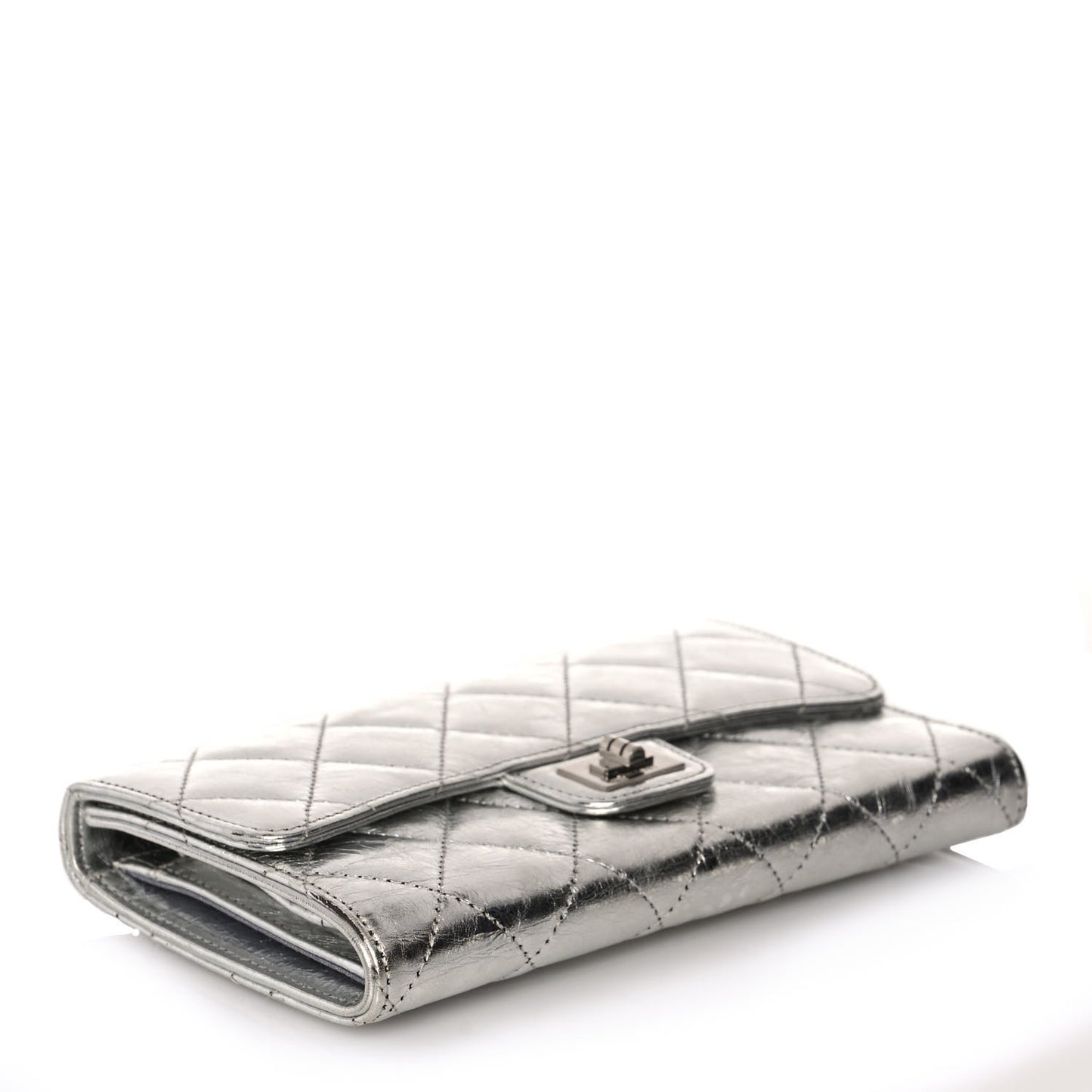 Metallic Aged Calfskin Quilted Reissue Long Flap Wallet Light Silver