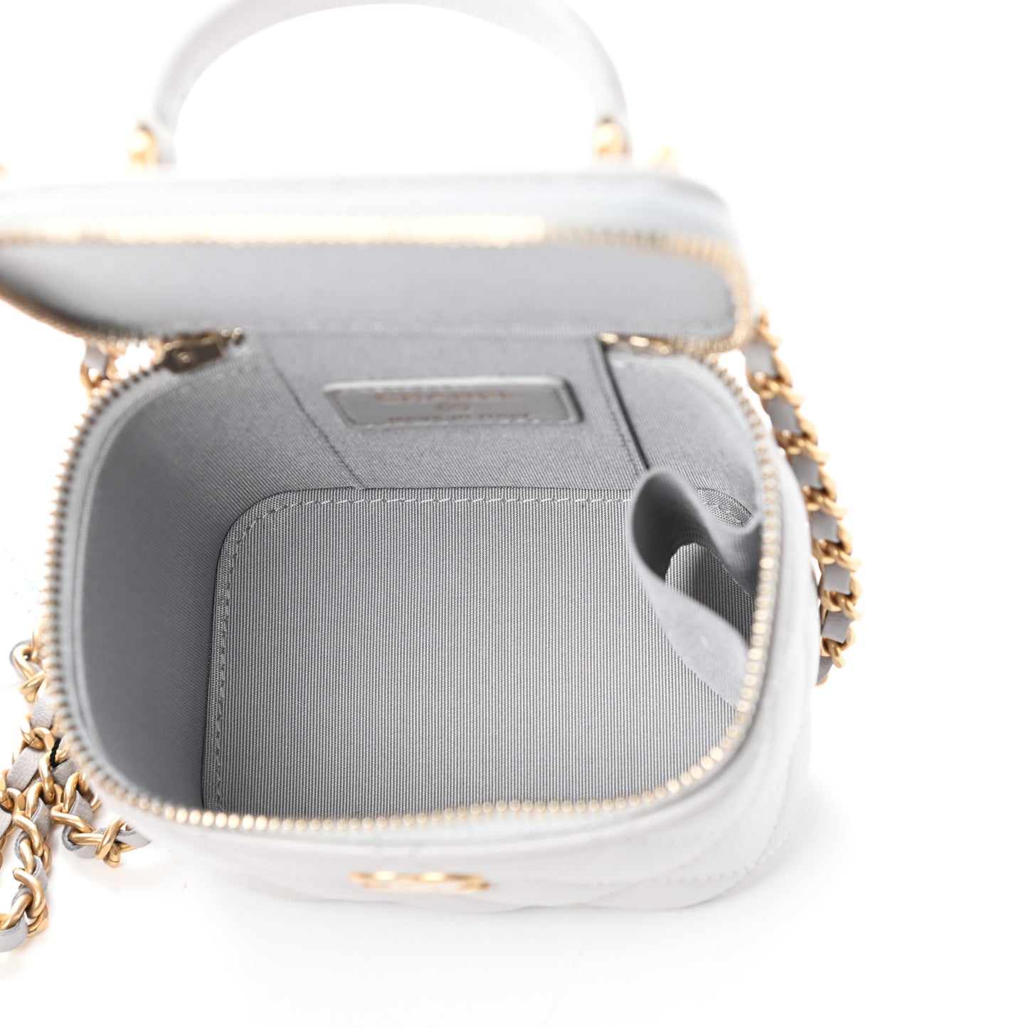 Lambskin Quilted Top Handle Mini Vanity Case With Chain Grey