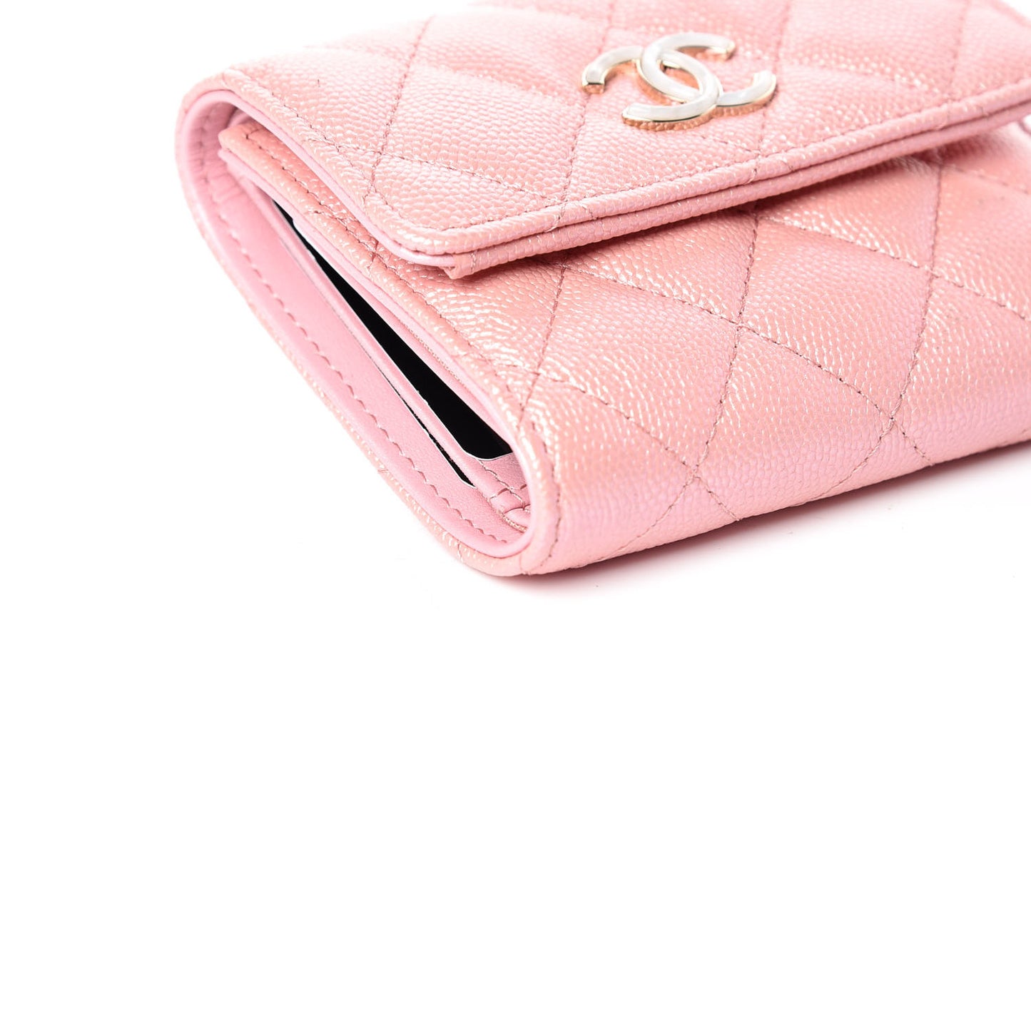 Iridescent Caviar Quilted Small Flap Wallet Rose Pink