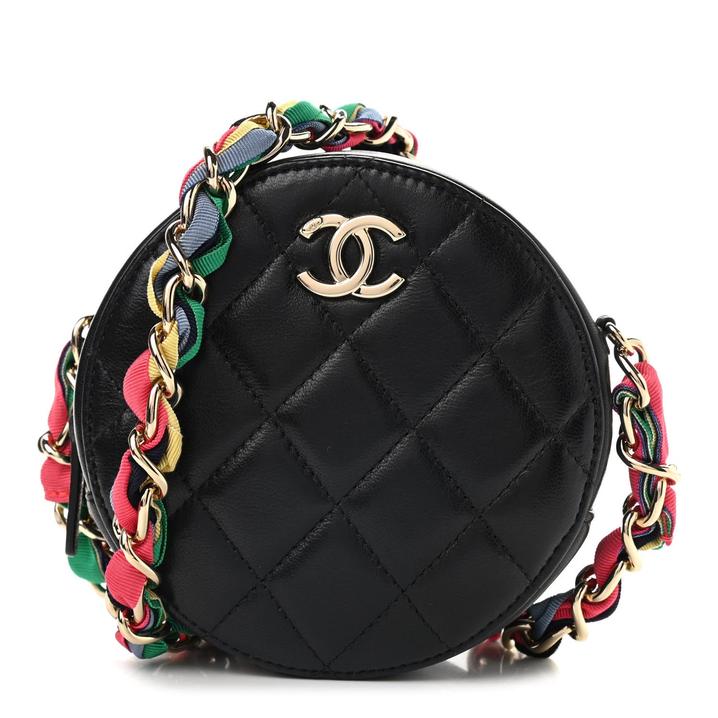 Shiny Lambskin Ribbon Quilted Round Clutch With Chain Black