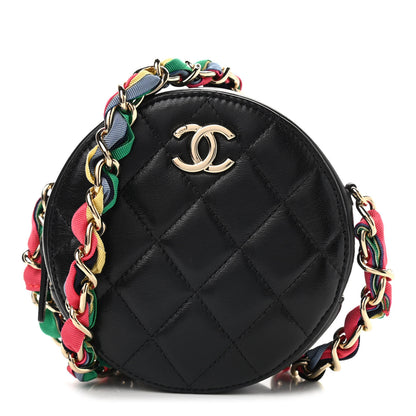 Chanel Shiny Lambskin Ribbon Quilted Round Clutch With Chain Black 1 of 8