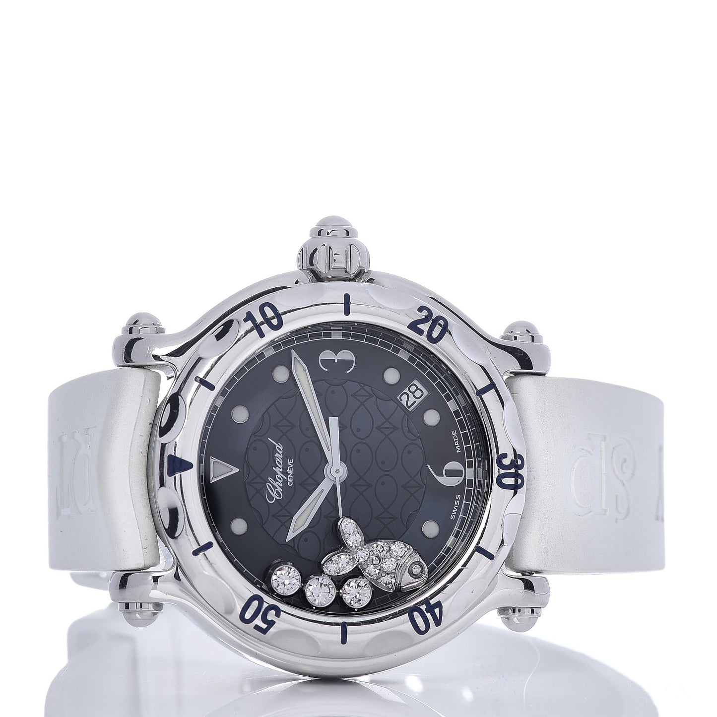 Stainless Steel Rubber Diamond 38mm Happy Sport Fish Quartz Watch White