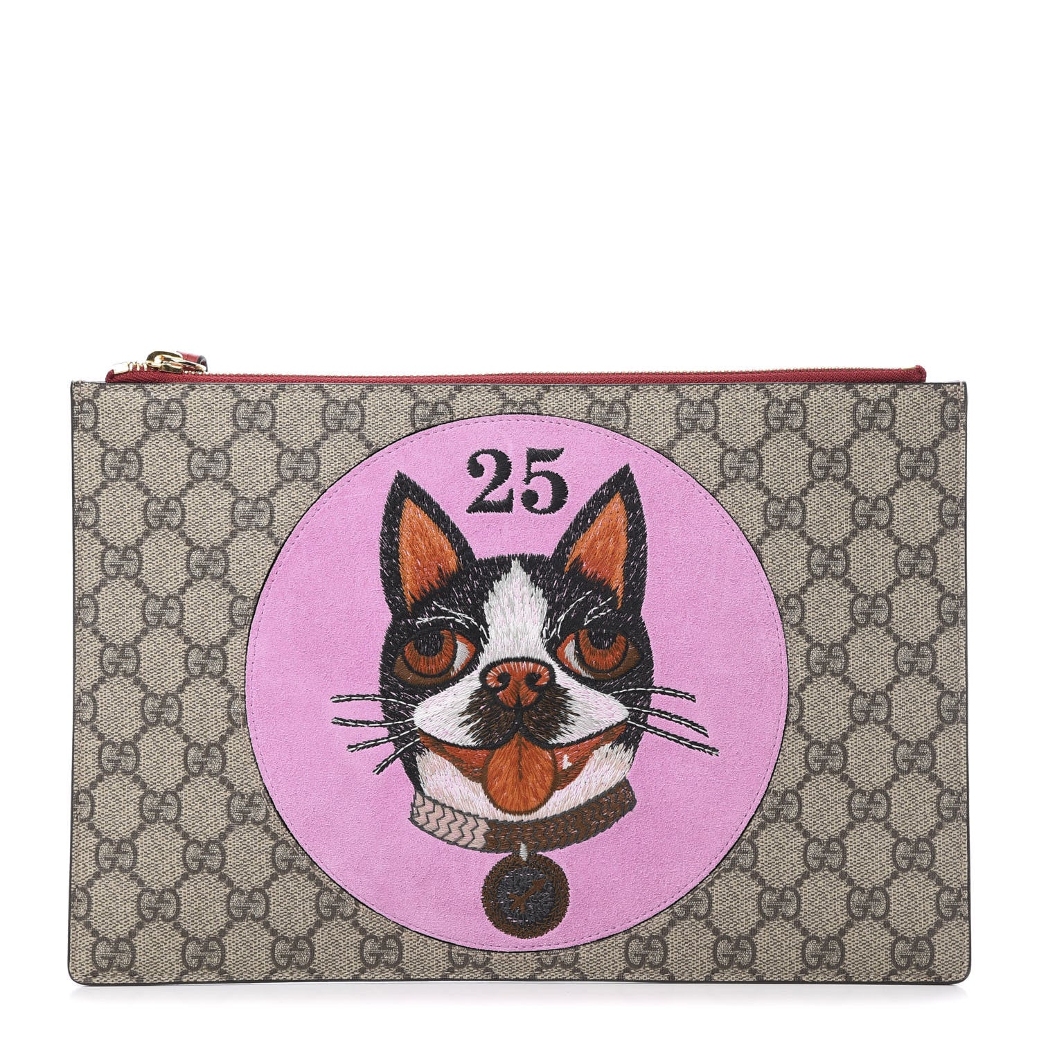 Gucci GG Supreme Monogram Bosco Patch Zip Pouch Beige Malva Hibiscus Red 1 of 7