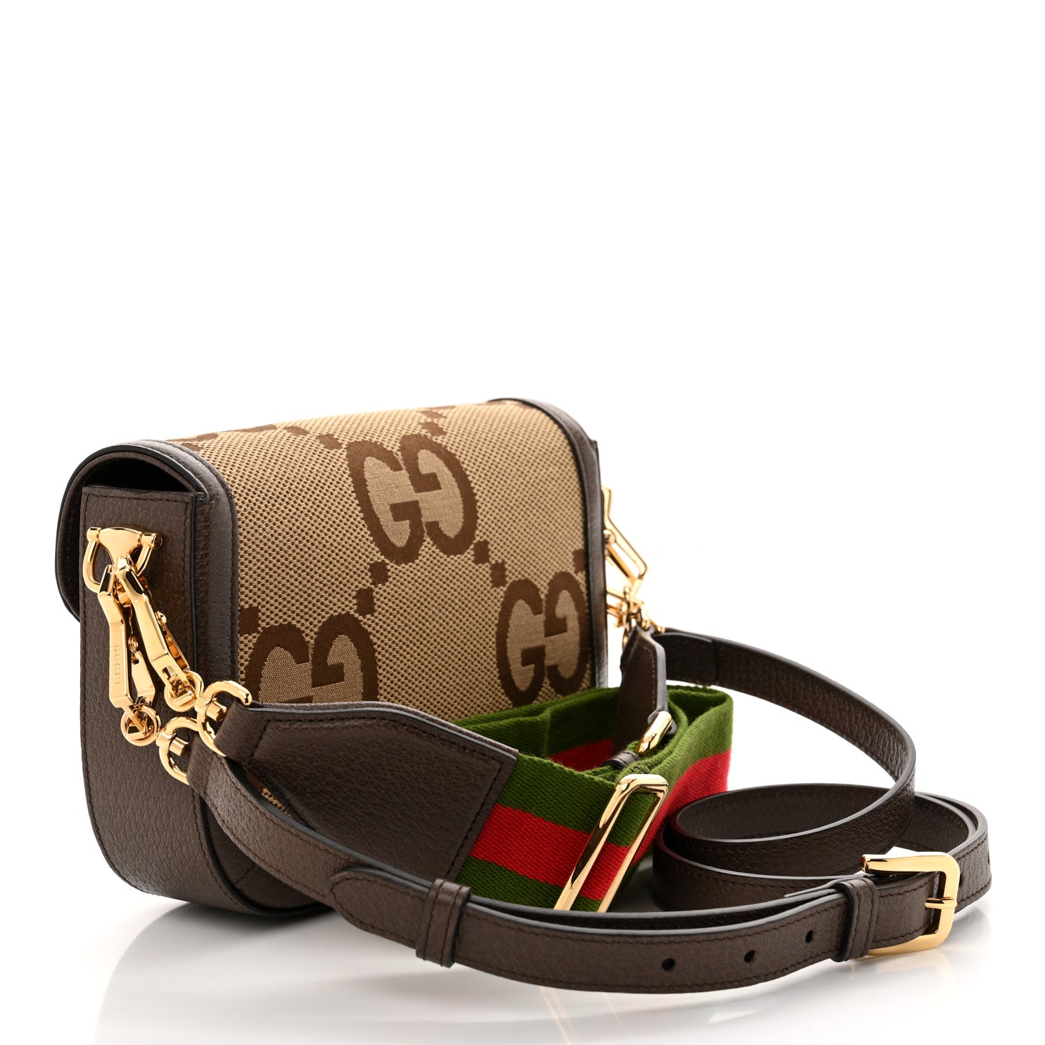 Gucci Monogram Jumbo GG Textured Dollar Calfskin Web Mini Horsebit 1955 Shoulder Bag Camel Ebony New Acero 3 of 11