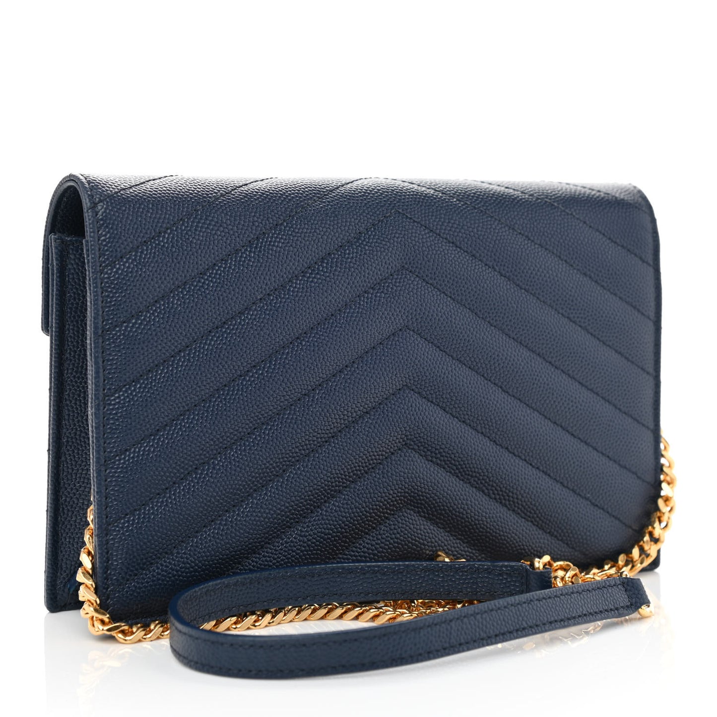 Grain De Poudre Matelasse Chevron Monogram Envelope Chain Wallet Navy