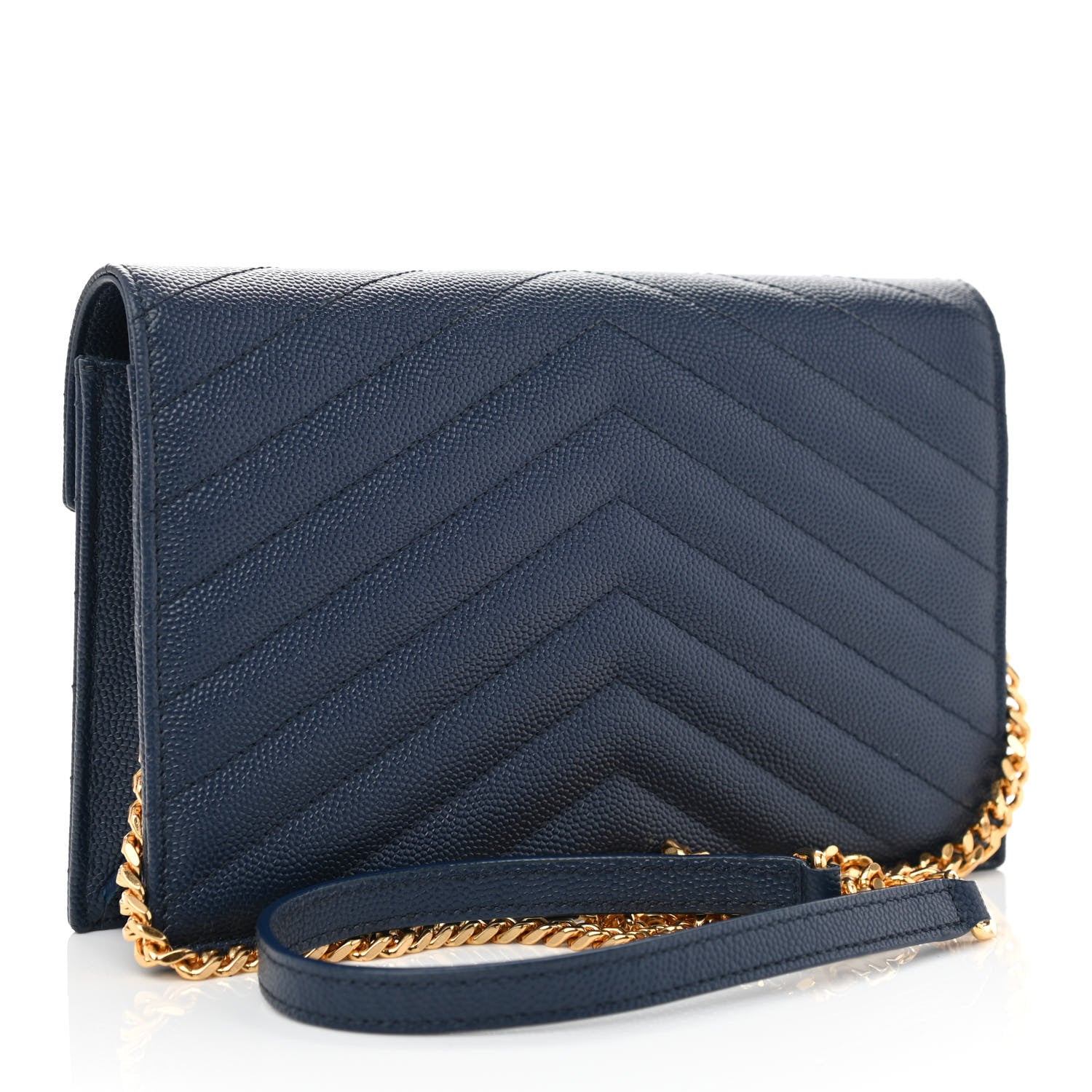 Saint Laurent Grain De Poudre Matelasse Chevron Monogram Envelope Chain Wallet Navy 2 of 7