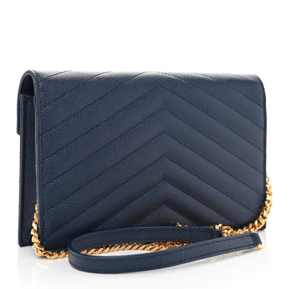 Saint Laurent Grain De Poudre Matelasse Chevron Monogram Envelope Chain Wallet Navy 2 of 7
