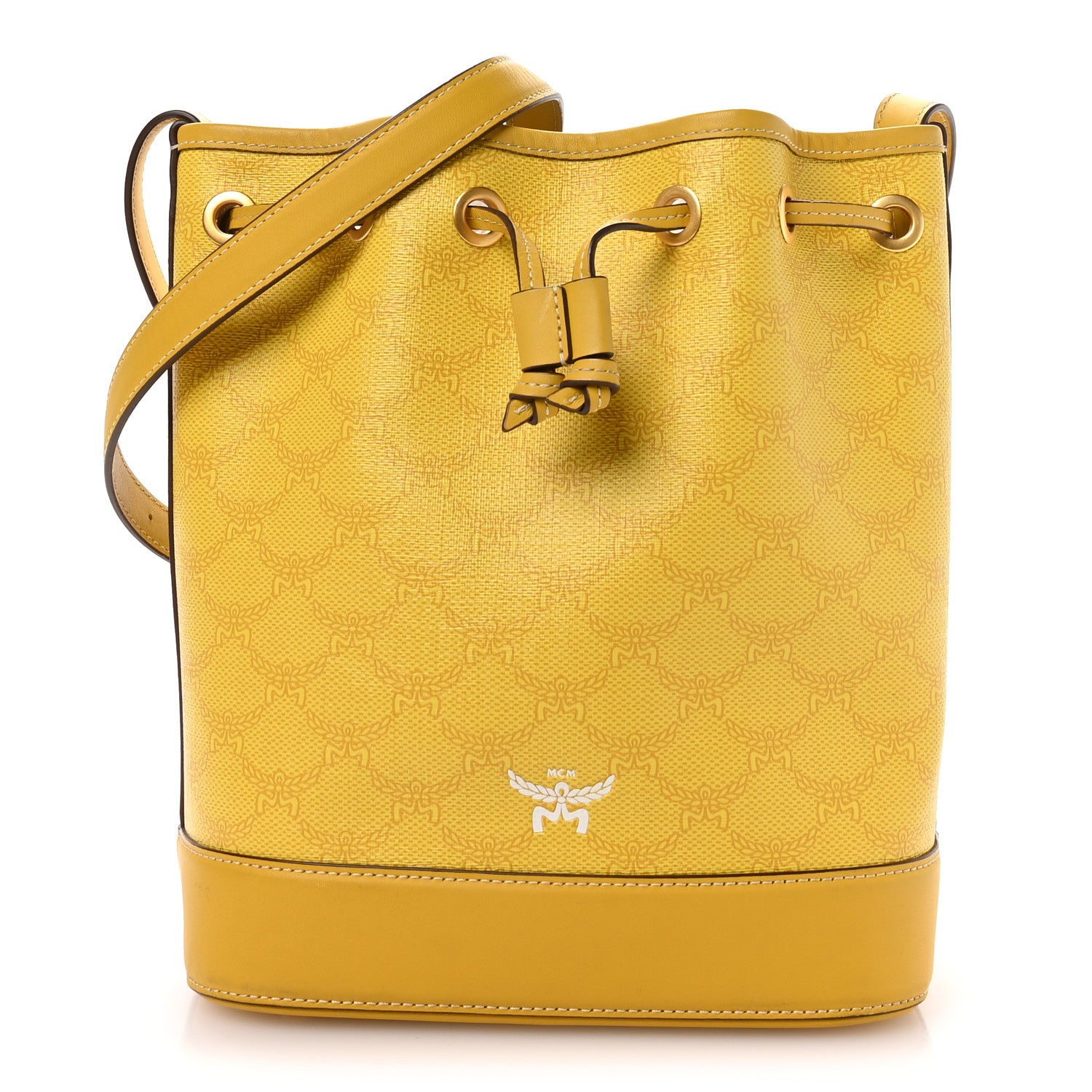 MCM Lauretos Spanish Calfskin Medium Himmel Drawstring Bucket Bag Lemon Gold 1 of 10