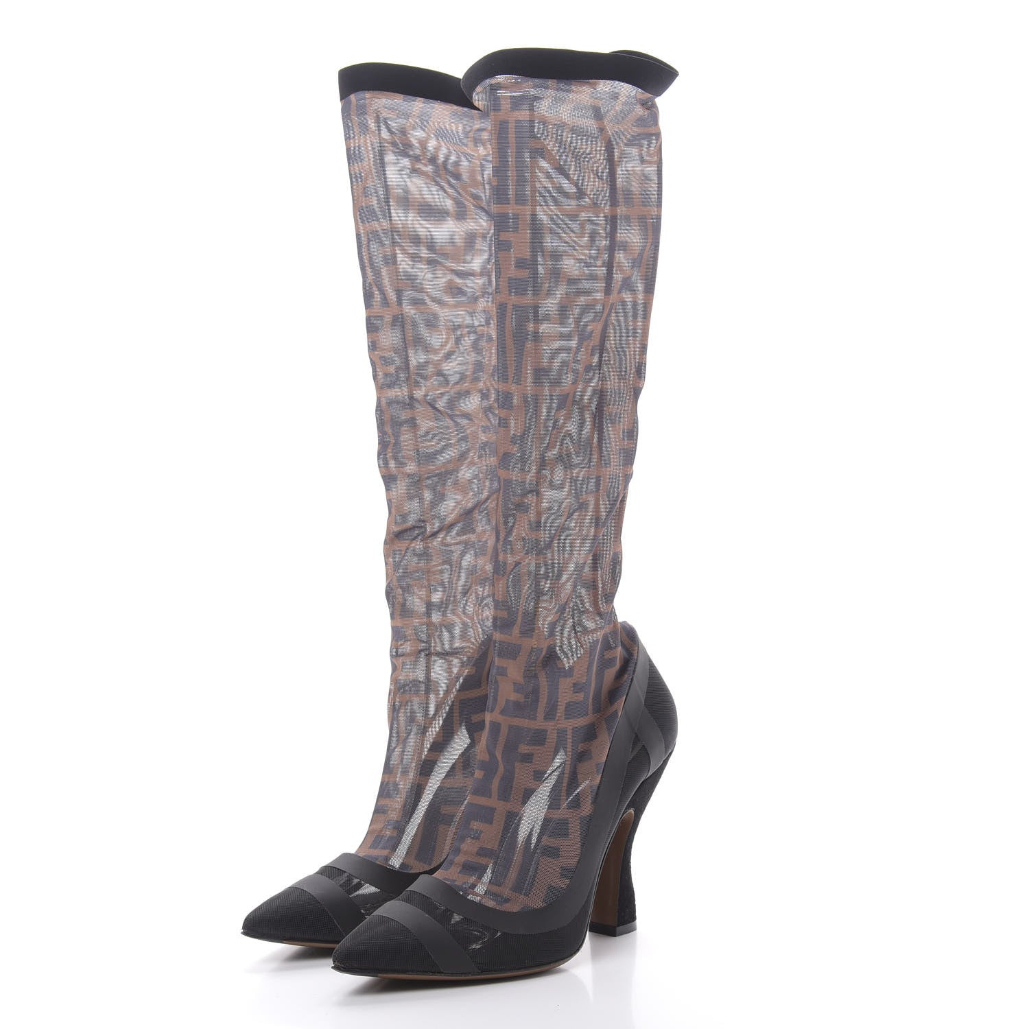 Fendi Technical Mesh FF Colibri High Heel Knee High Boots 38 Black Tobacco 3 of 8