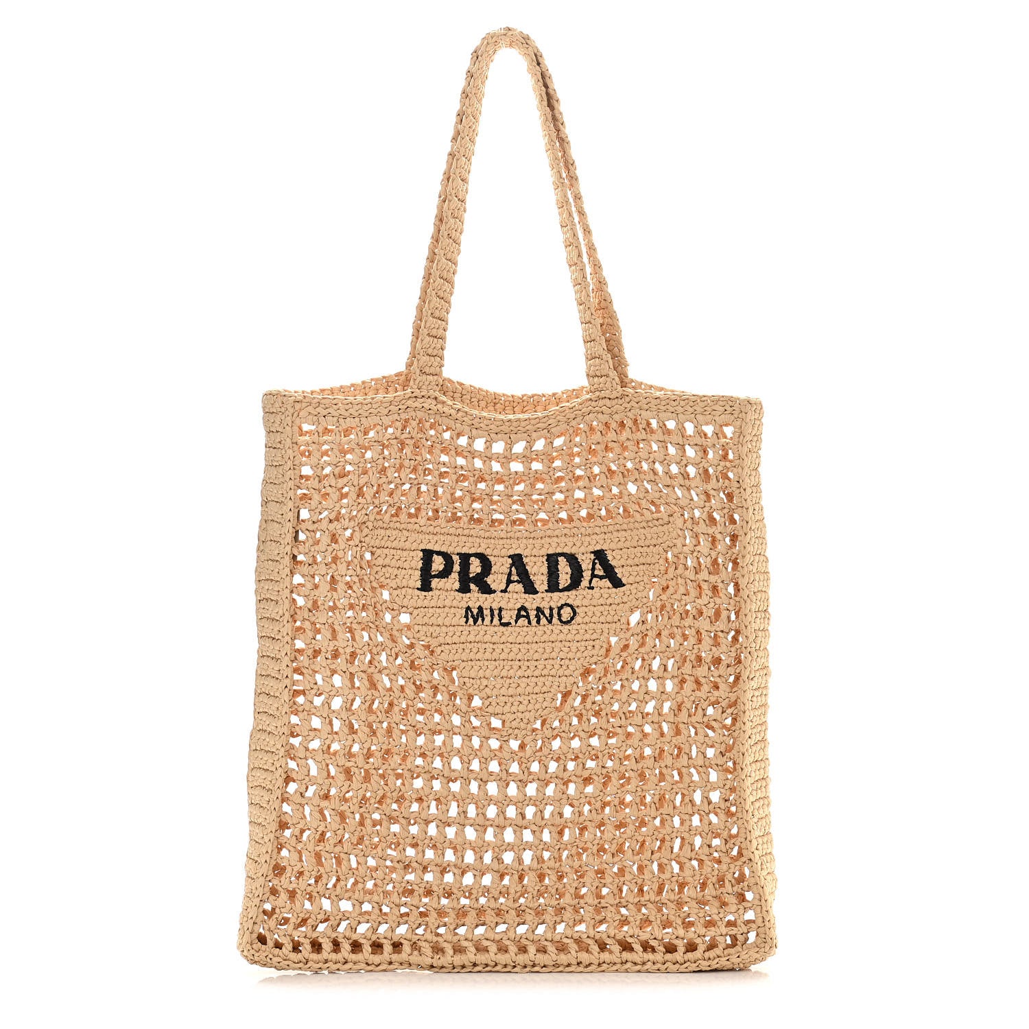 Prada Yarn Raffia Effect Crochet Logo Embroidered Tote Bag Naturale 1 of 8