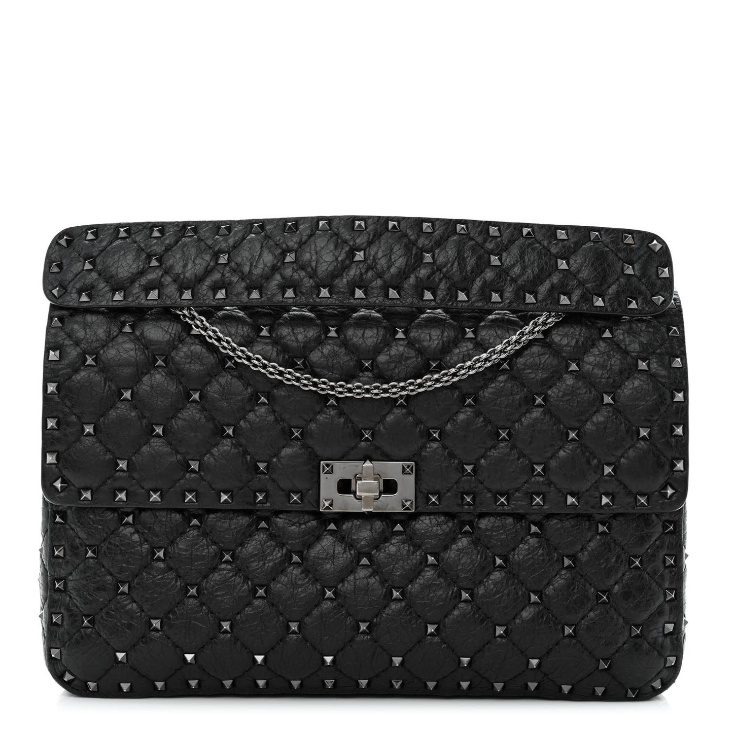 Craquele Nappa Large Rockstud Spike Shoulder Bag Black