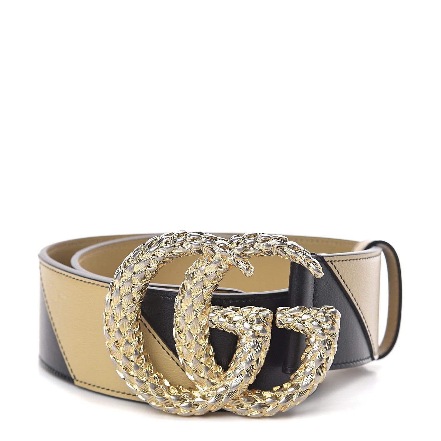 Gucci Calfskin Striped Textured Double G 50mm Belt 75 30 Black Beige 1 of 5