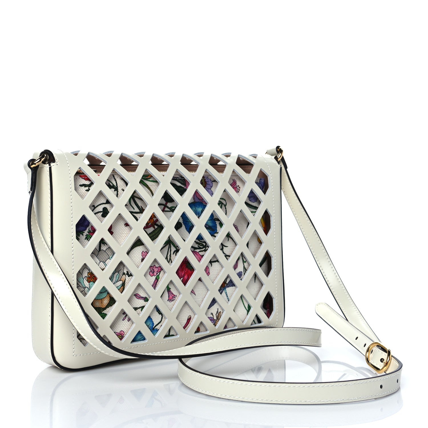 Gucci Canvas Flora Floral Calfskin Medium Cutout Shoulder Bag White Multicolor 4 of 11