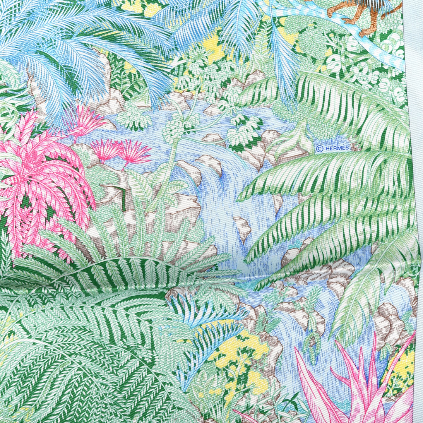 Silk Twill Faubourg Tropical Scarf 90 Bleu Vert Jaune