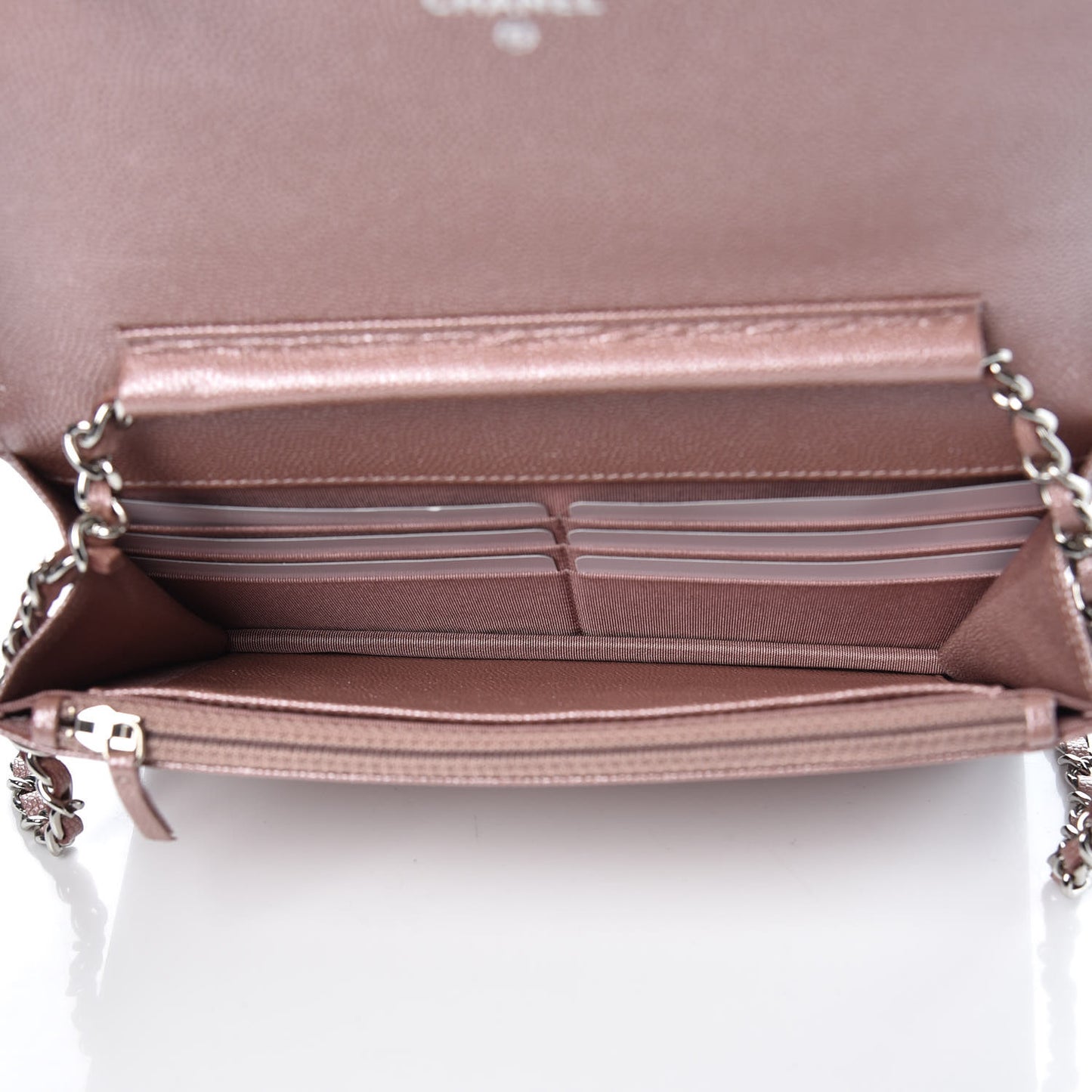 Metallic Caviar Chevron Quilted Vintage Mademoiselle Wallet On Chain WOC Pink