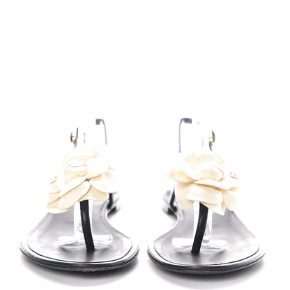 Chanel Lambskin Camellia Thong Sandals 36 Black White 2 of 16