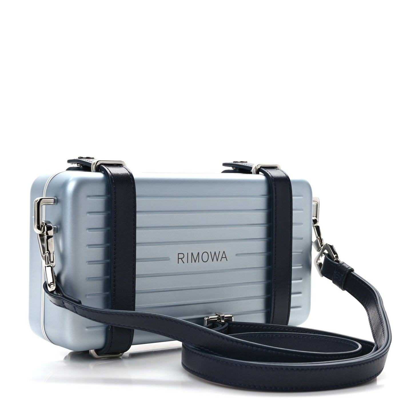 X RIMOWA Aluminum Personal Clutch On Strap Bleu