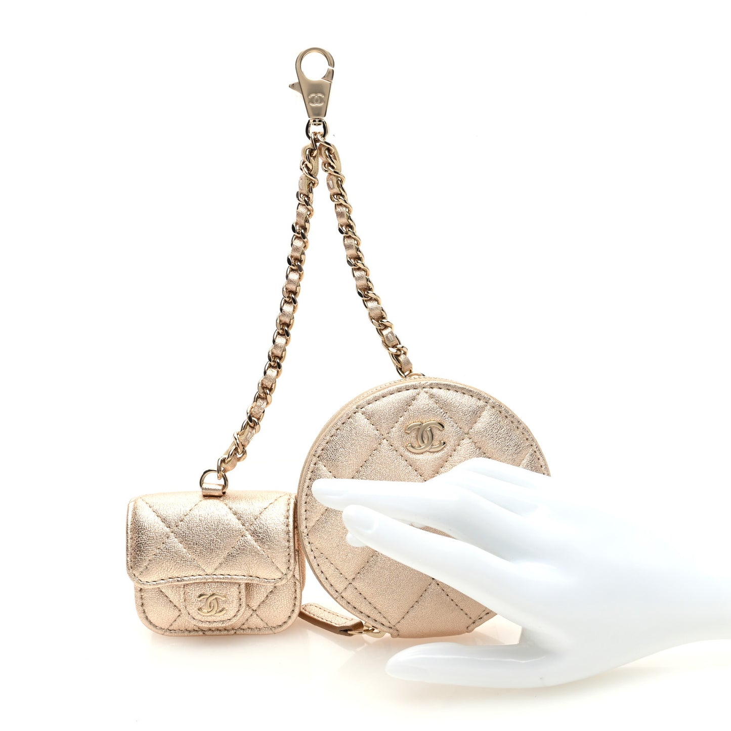 Metallic Lambskin Quilted Round Clip On Coin Purse Airpods Case Gold