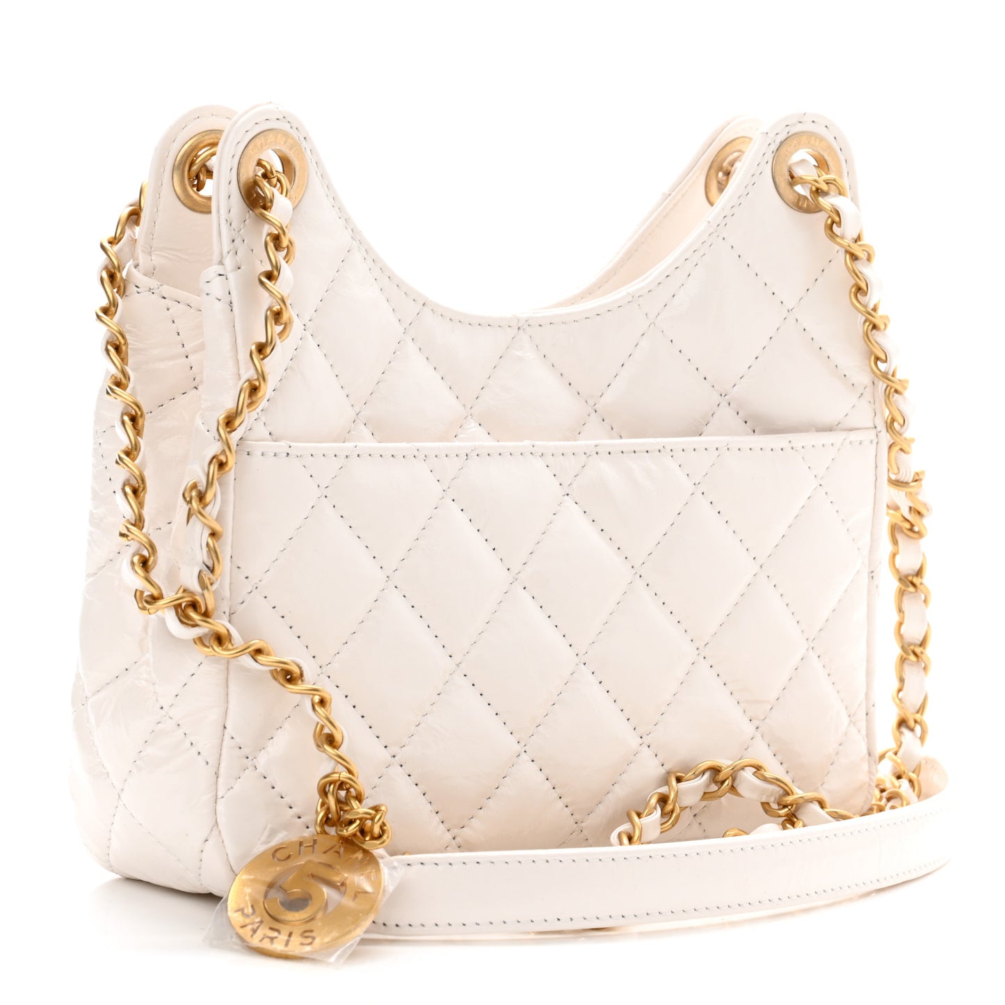 Shiny Crumpled Calfskin Quilted Small Wavy CC Hobo White