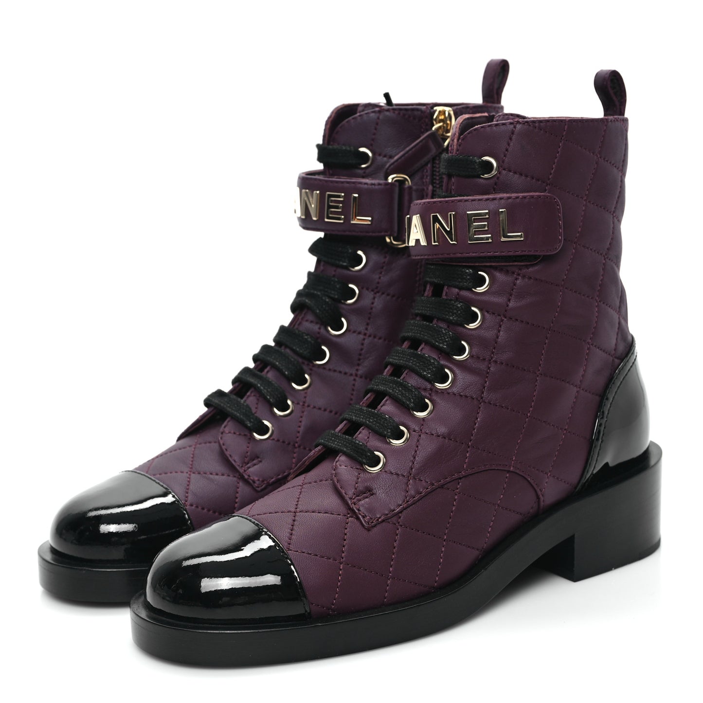 Lambskin Patent Calfskin Quilted Logo Lace Up Combat Boots 36 Burgundy Black