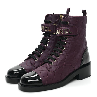 Chanel Lambskin Patent Calfskin Quilted Logo Lace Up Combat Boots 36 Burgundy Black 6 of 9