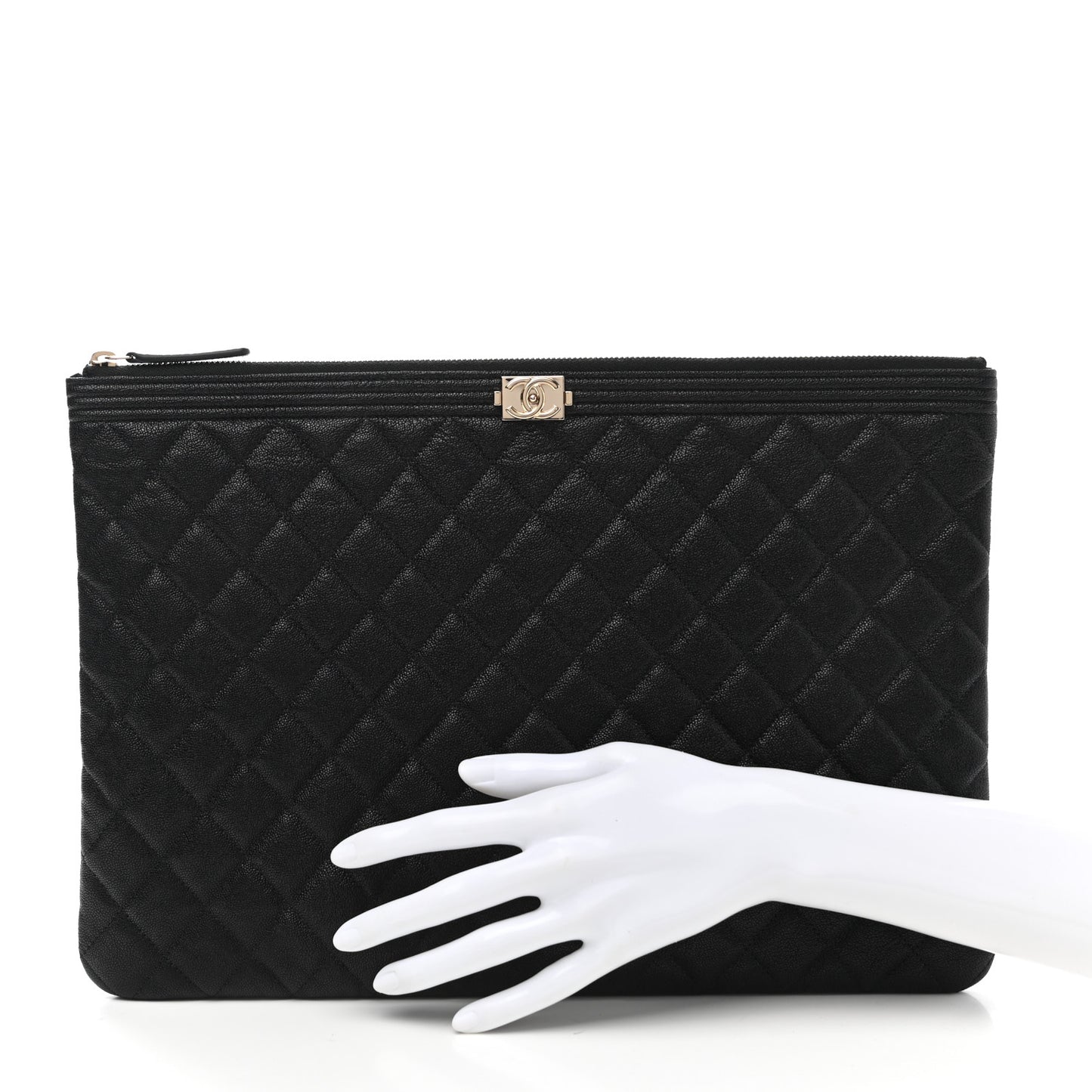 Lambskin Quilted Large Boy Zip Pouch Black