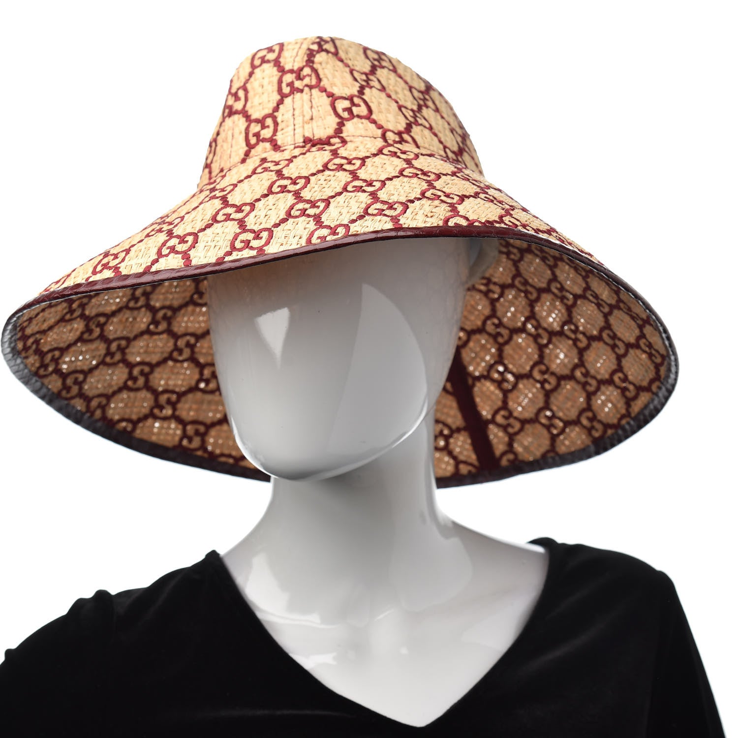Gucci Raffia Elaphe GG Monogram Embroidered Wide Brim Hat Ivory Bordeaux 2 of 7