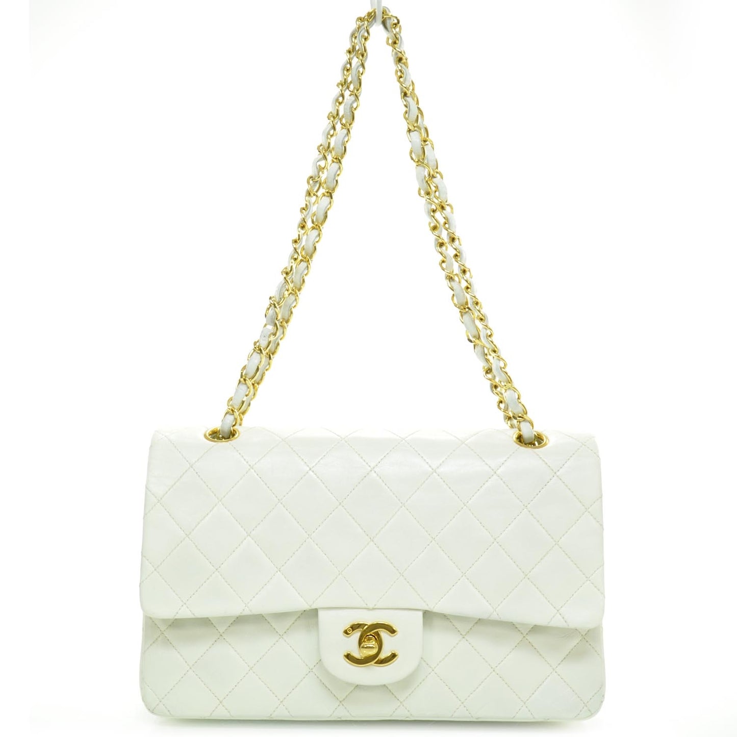 Lambskin Quilted Medium Double Flap White GHW