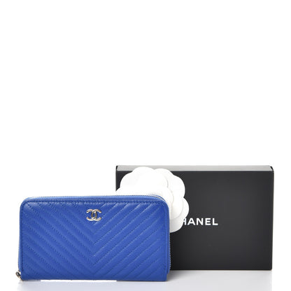 Chanel Caviar Chevron Quilted Small Zip Around Wallet Bright Blue 9 of 10