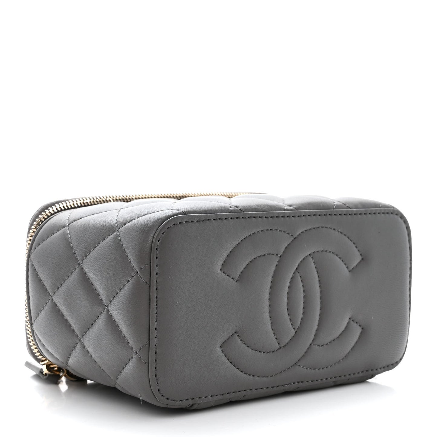 Lambskin Quilted Small Top Handle Vanity Case With Chain Dark Grey