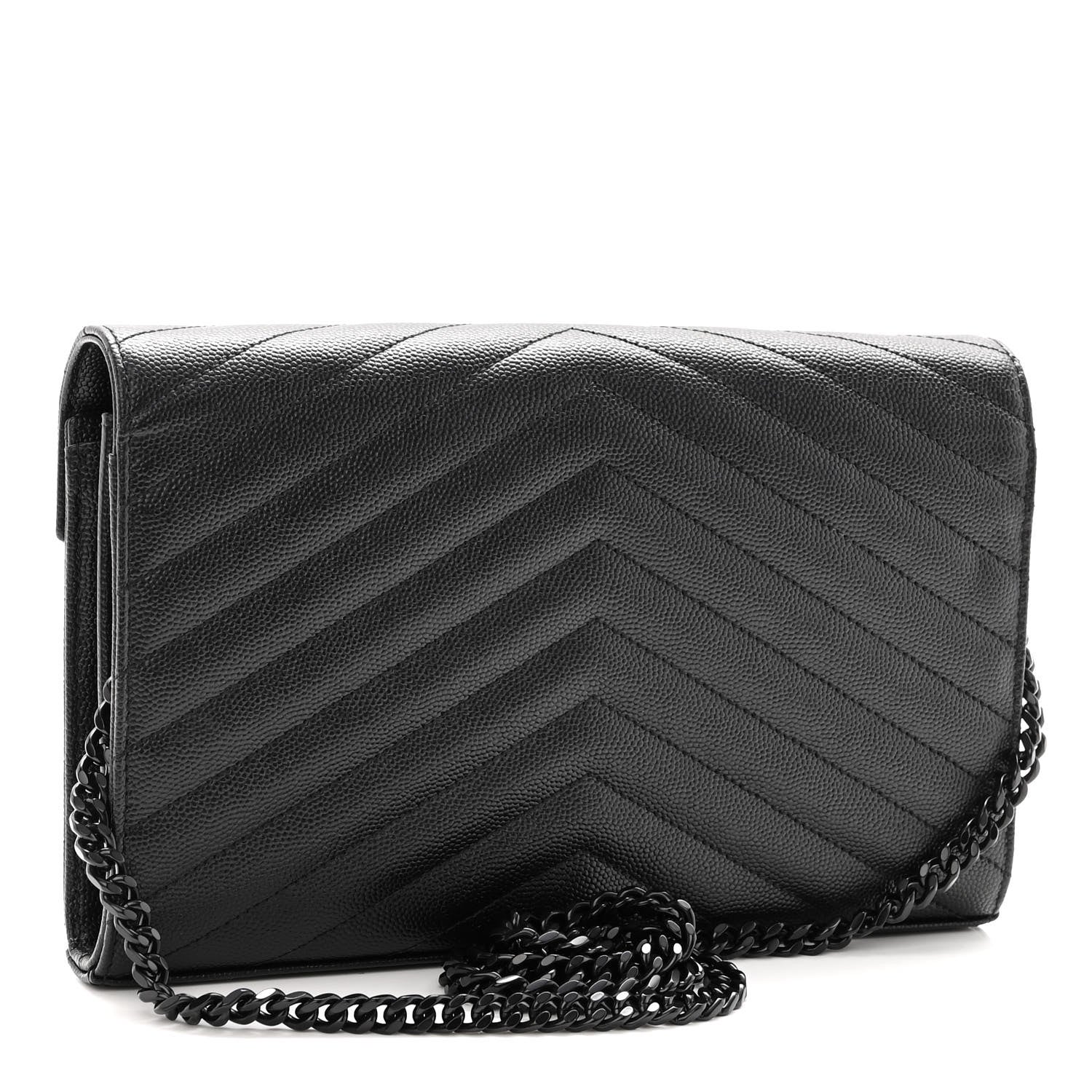 Saint Laurent Grain De Poudre Matelasse Chevron Monogram Monochrome Envelope Chain Wallet Black 3 of 11