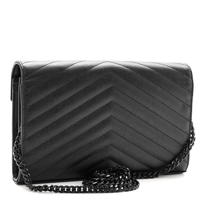 Saint Laurent Grain De Poudre Matelasse Chevron Monogram Monochrome Envelope Chain Wallet Black 3 of 11