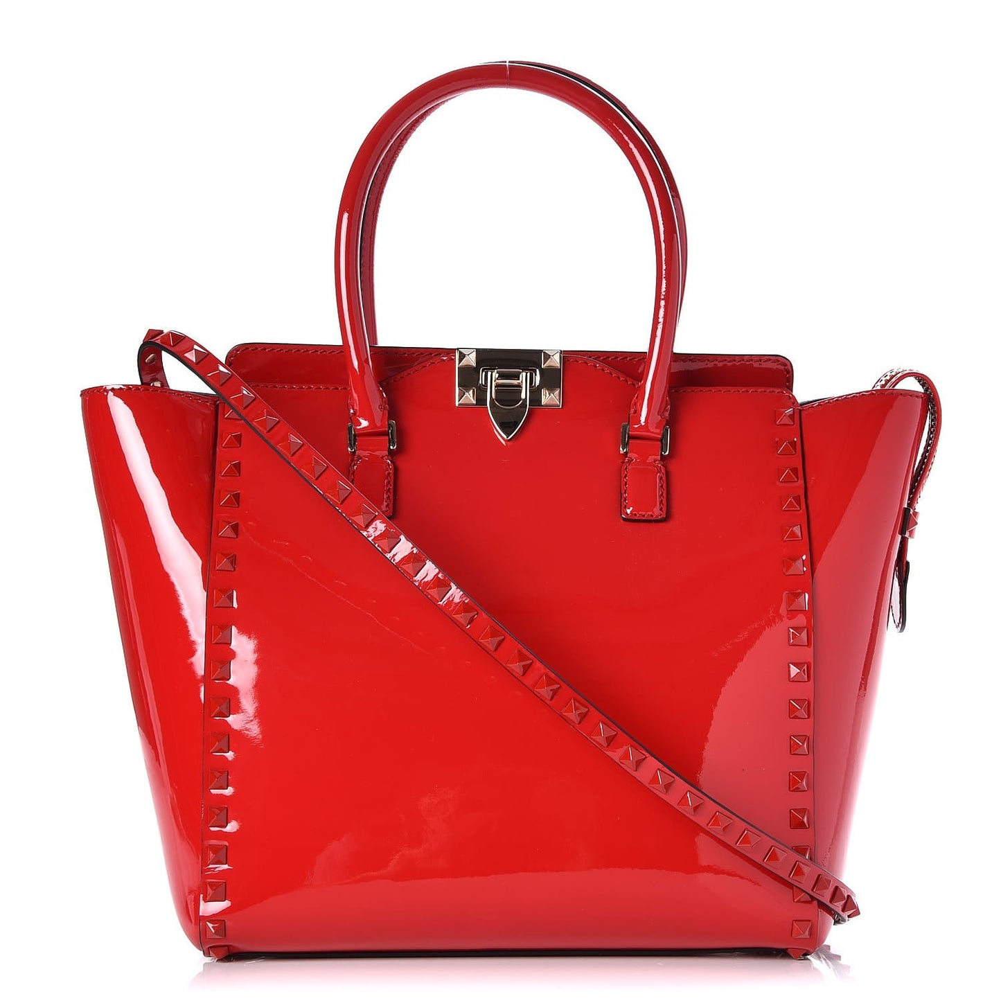 Patent Monochrome Rockstud Double Handle Tote Rosso Valentino