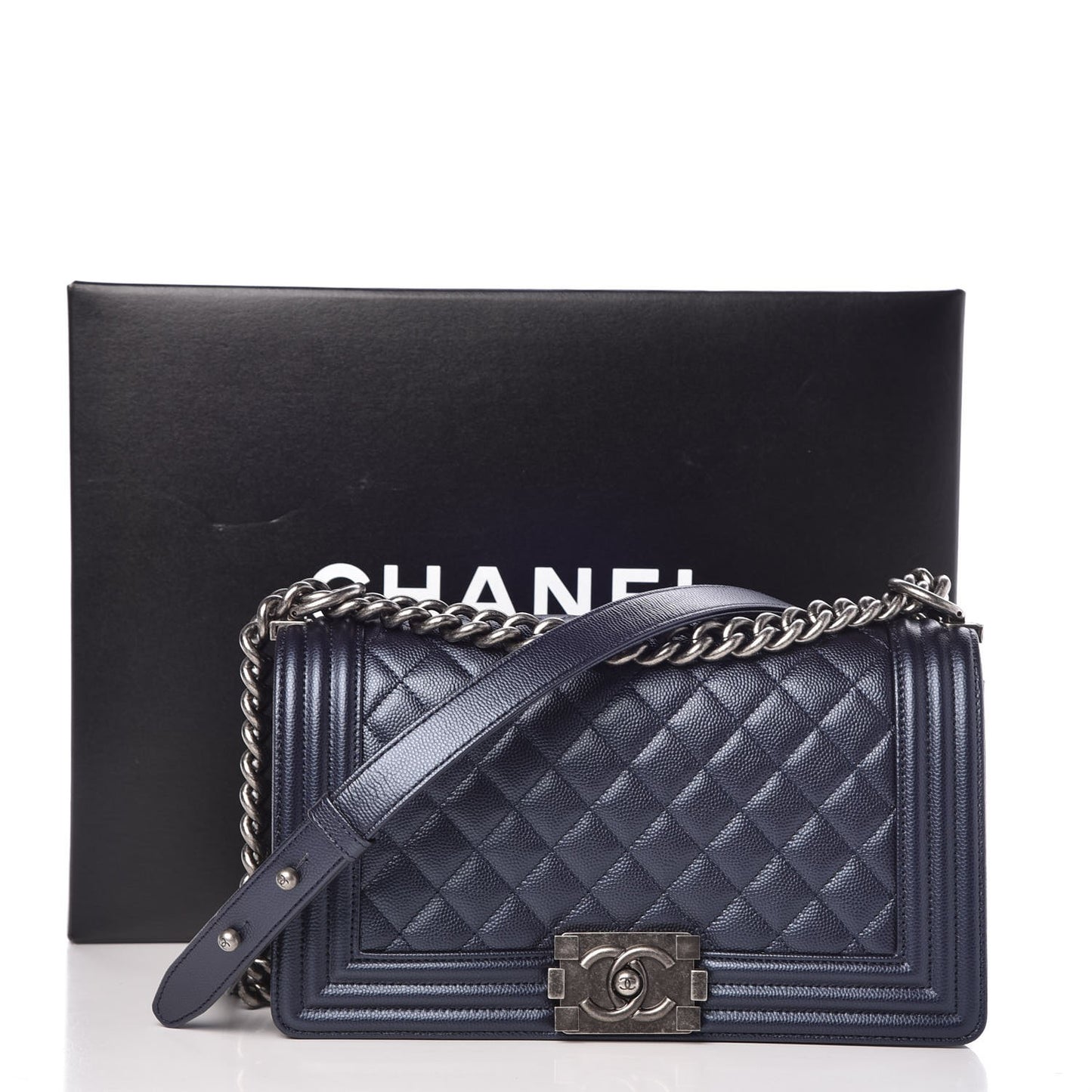Metallic Caviar Quilted Medium Boy Flap Navy