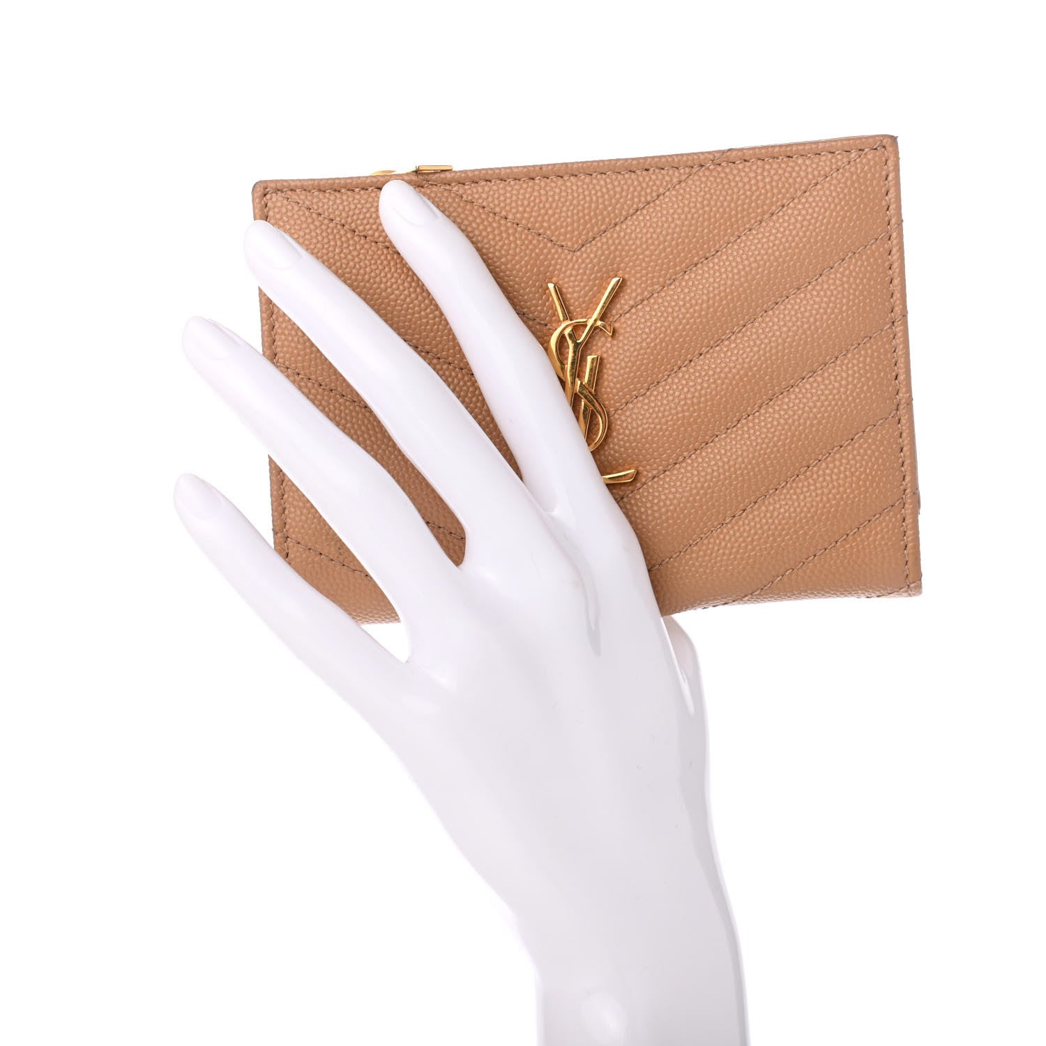 Saint Laurent Grain De Poudre Matelasse Chevron Monogram Zipped Two-Part Wallet Cork 2 of 7
