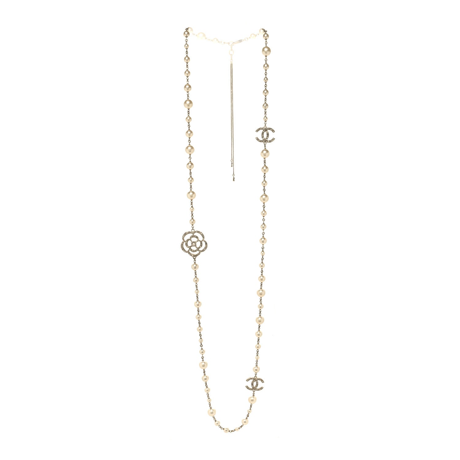 Chanel Pearl Crystal Camellia CC Necklace Gold 3 of 5