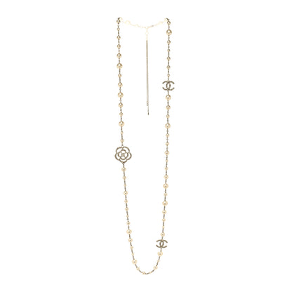 Chanel Pearl Crystal Camellia CC Necklace Gold 3 of 5