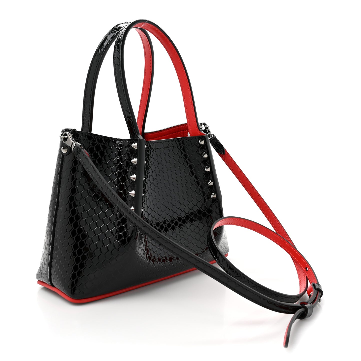 Patent Snakeskin Embossed Spiked Mini Cabarock Shopper Tote Black